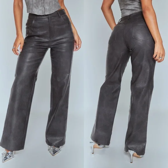 Pretty Little Thing Washed Black Faux Leather Straight Leg Trousers US 10 New - Picture 2 of 11